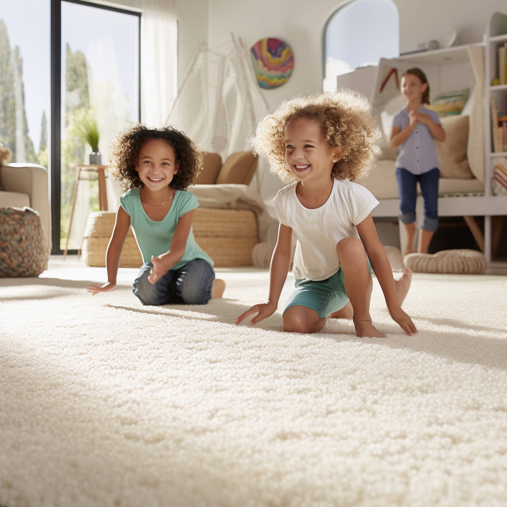 children playing on freshly installed carpet flooring