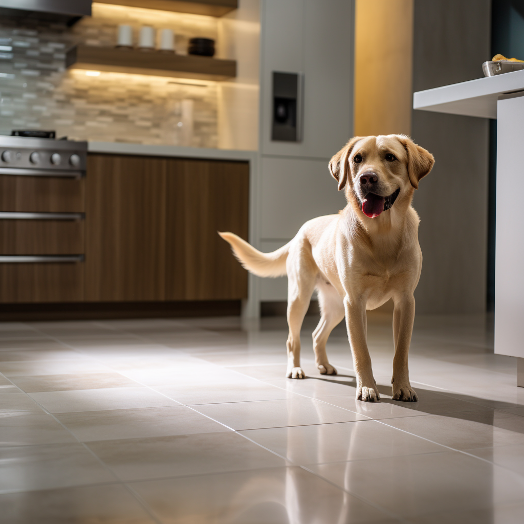 A dog standing on freshly installed tile flooring 